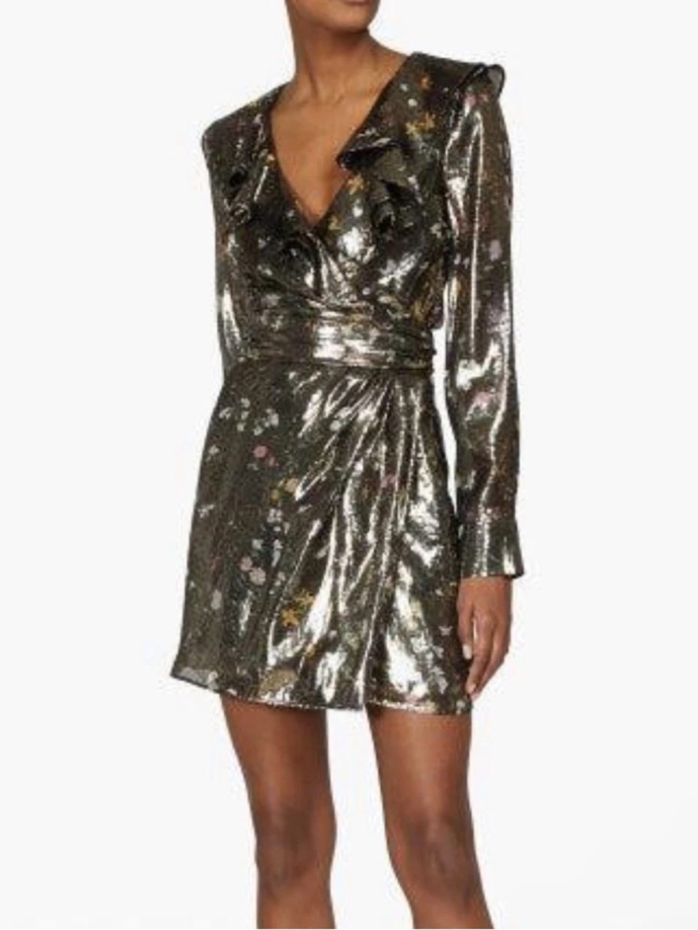 NWT Altuzarra silver metallic silk Lennox ruffle mini dress floral size 40 8